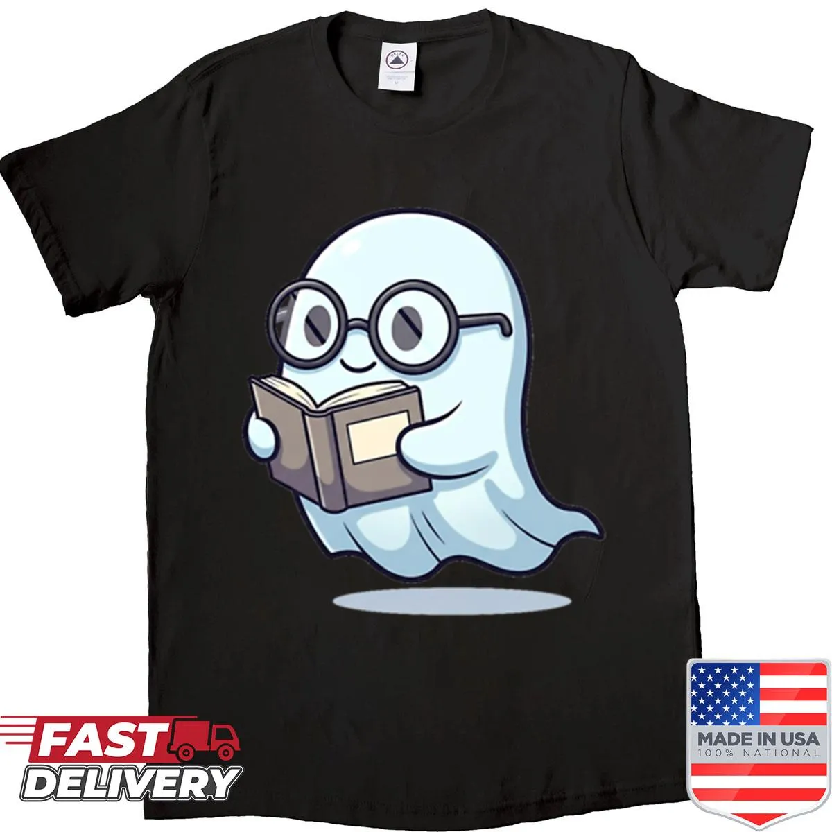 Cute ghost reading a book graphic on a shirt