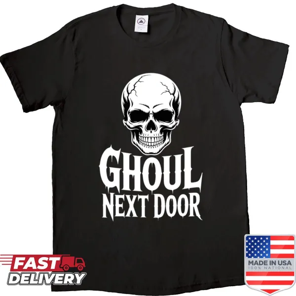 Illustration of a friendly ghoul peeking from behind a door on a t-shirt