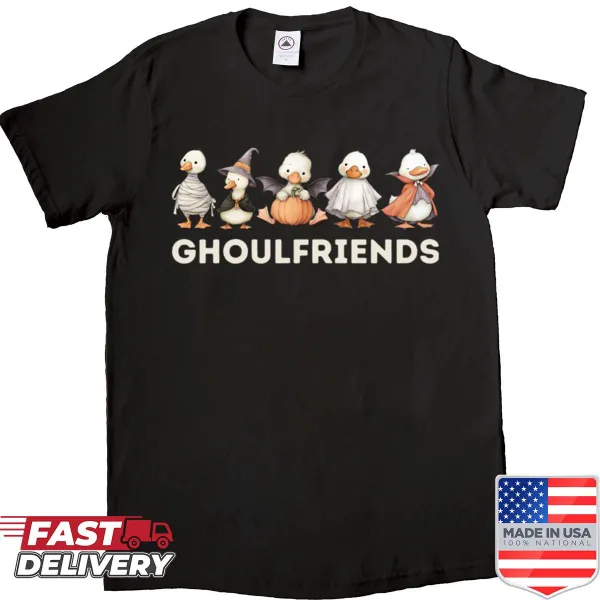 Cute Halloween shirt featuring illustrated ducks in costumes