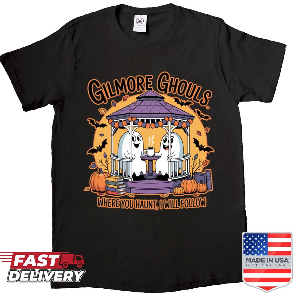 Cute ghost graphic with text on a Gilmore Ghouls themed shirt