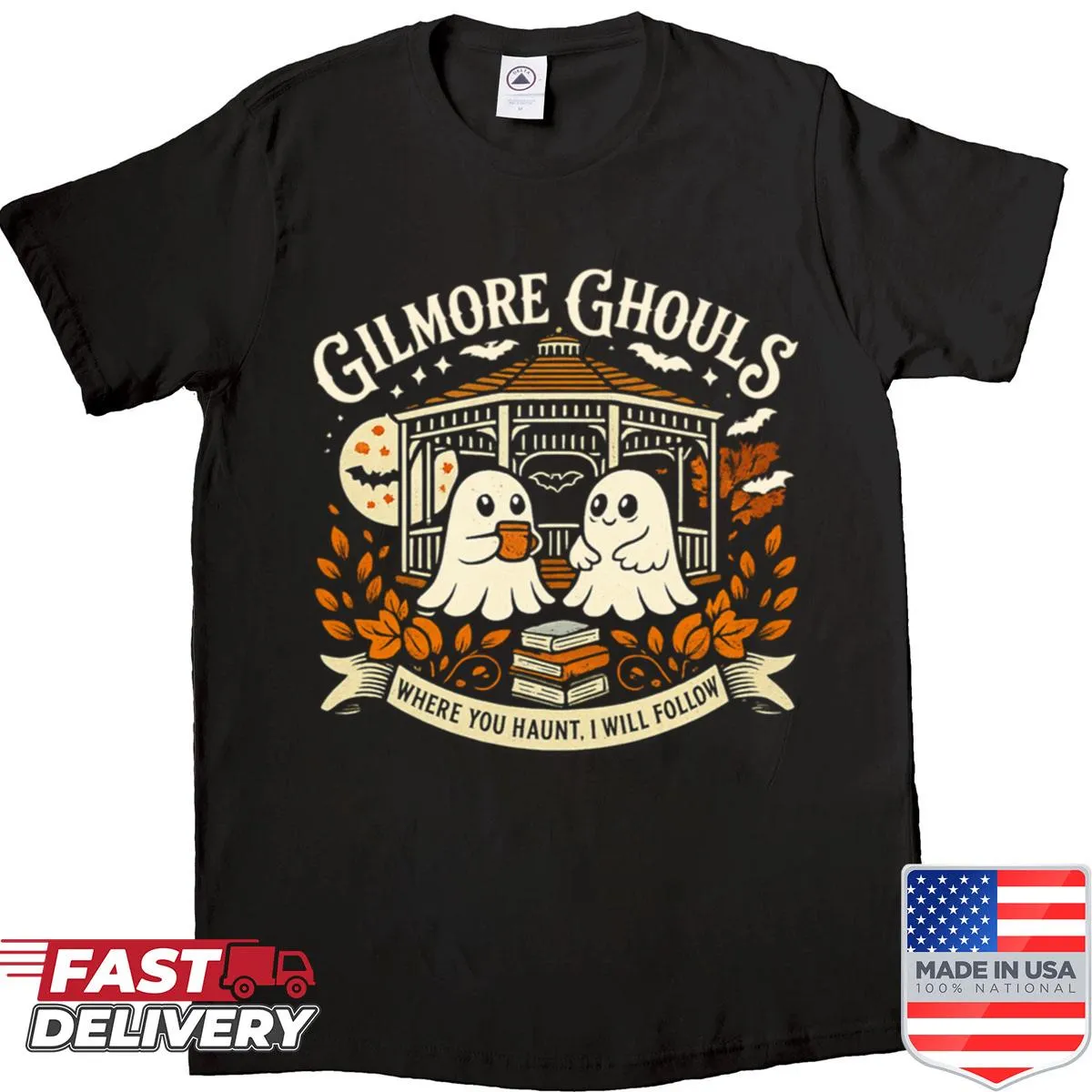 Funny Halloween t-shirt with 'Where You Haunt I Will Follow' text