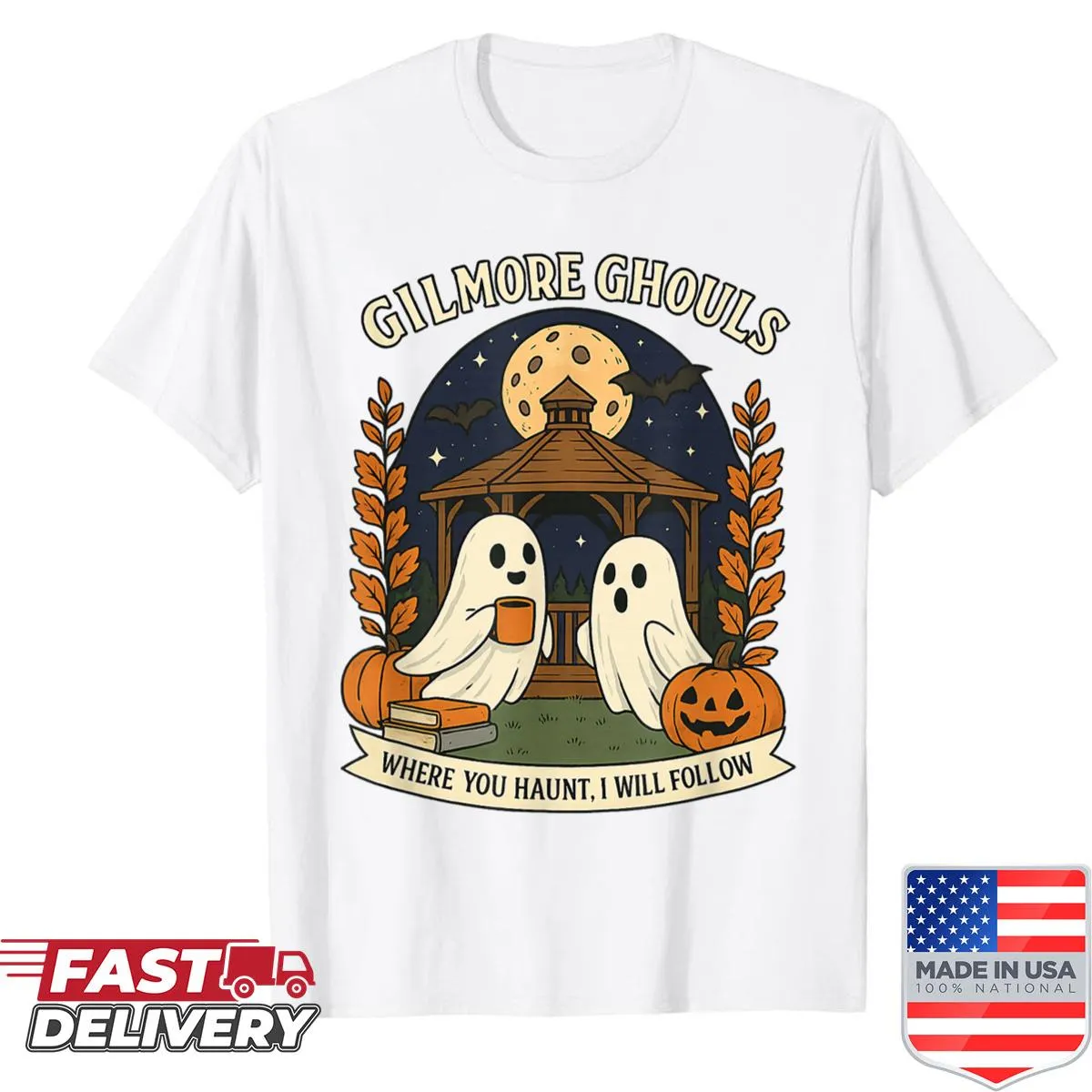 Ghost-themed shirt with text from Gilmore Ghouls for Halloween.