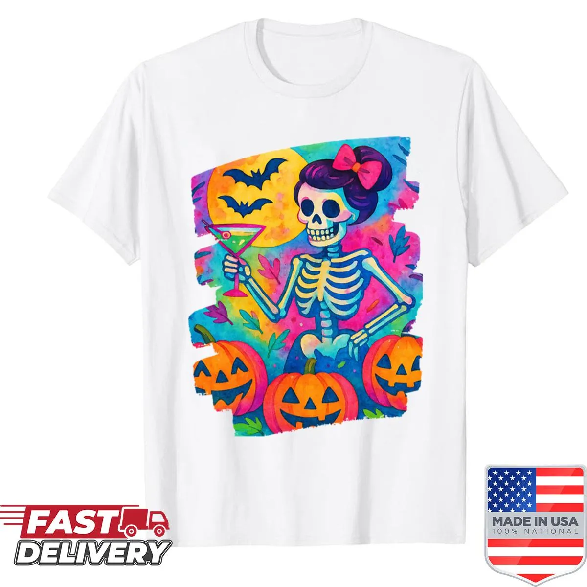 Whimsical skeleton in moonlight print for Halloween festivities.