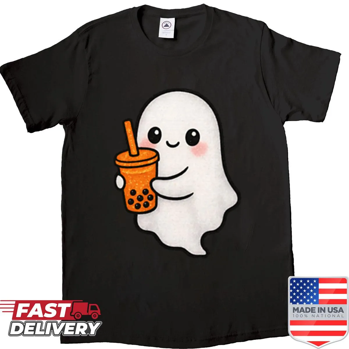 Cute kawaii ghost holding bubble tea in glittery design