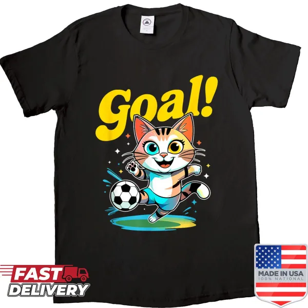 Cute cat playing soccer graphic on kids t-shirt