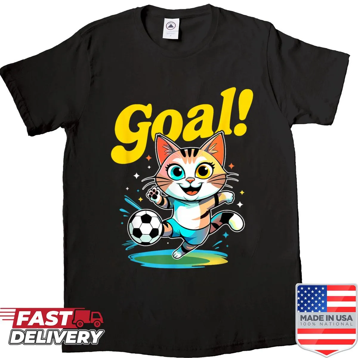 Cute cat playing soccer graphic on kids t-shirt