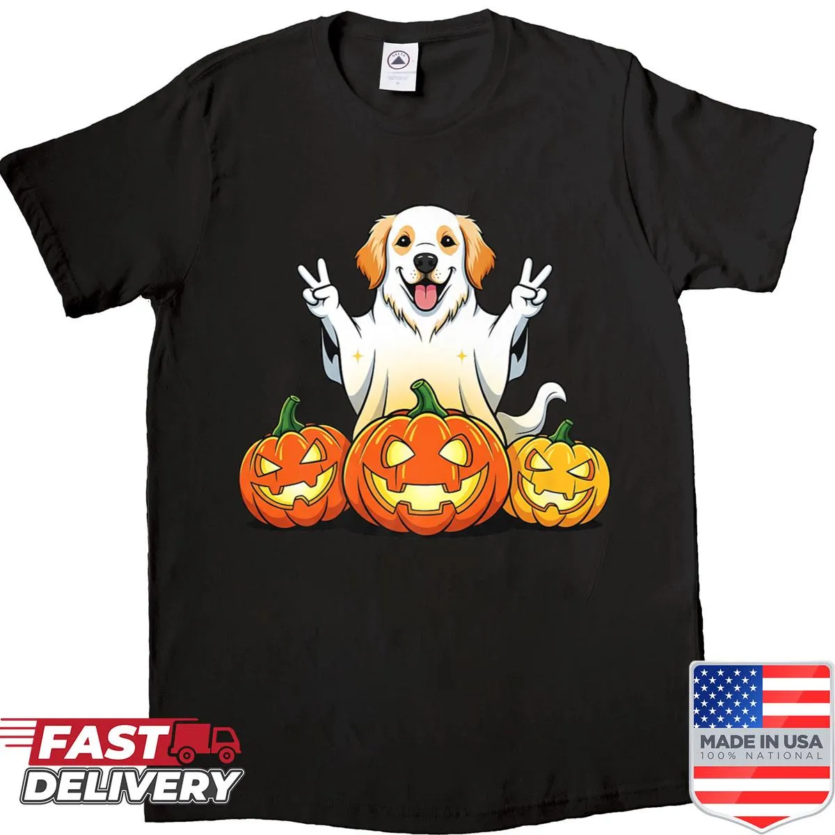 Golden retriever ghost and pumpkin graphic on a Halloween T-shirt