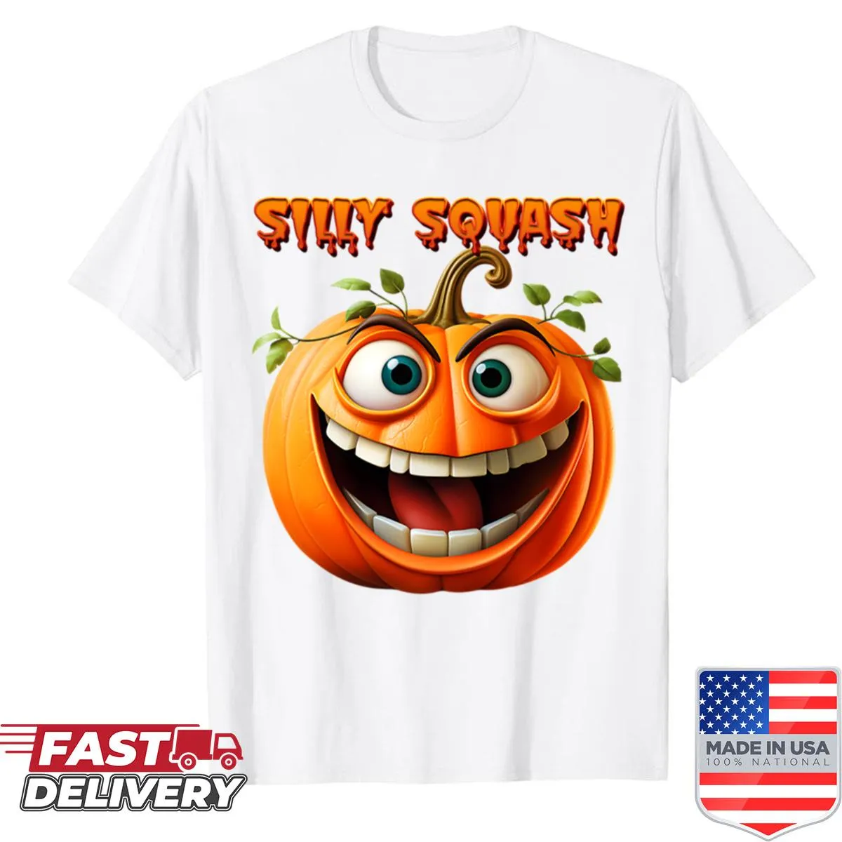 Goofy pumpkin face design on an oversized Halloween shirt