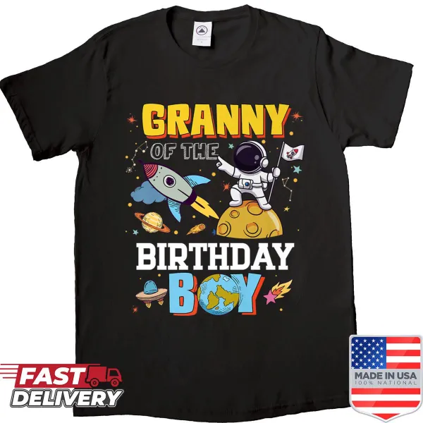 Astronaut-themed shirt featuring a boy in space with planets and stars