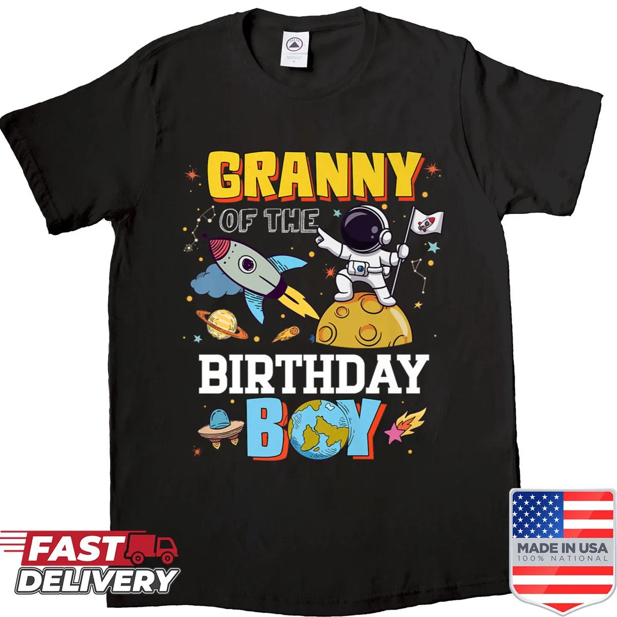 Astronaut-themed shirt featuring a boy in space with planets and stars