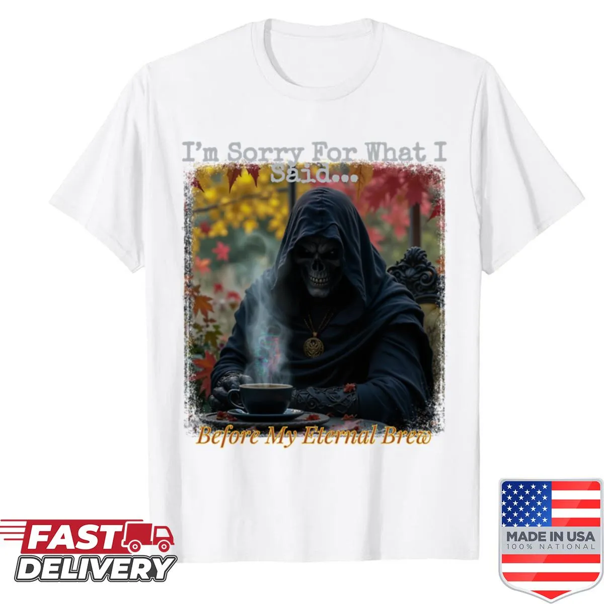 Humorous Grim Reaper graphic on coffee break tee