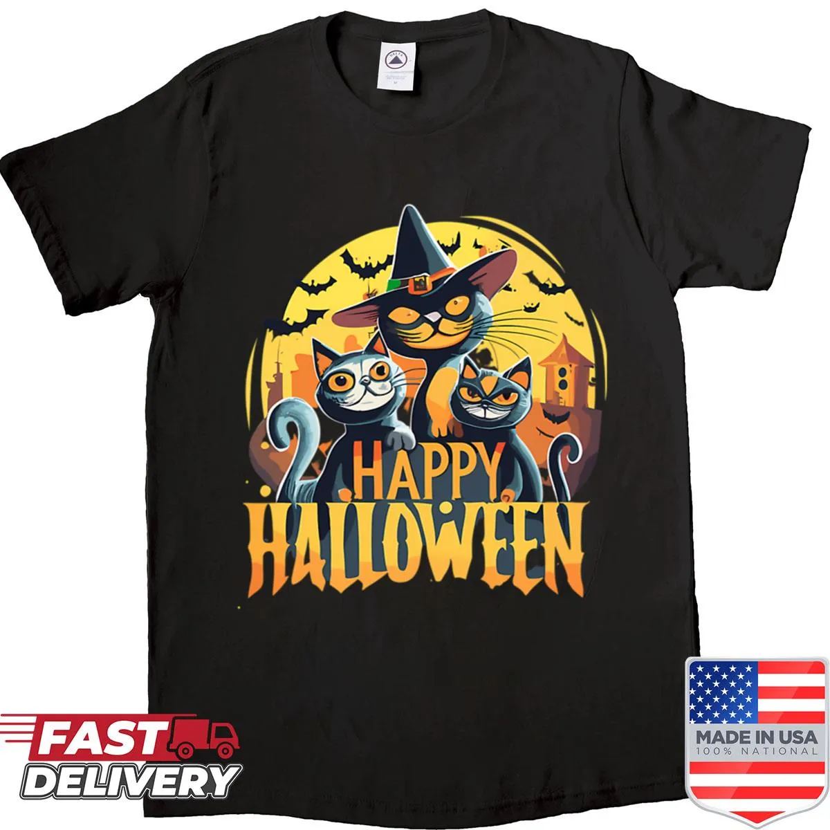 Cute graphic of black cats on a Halloween-themed shirt