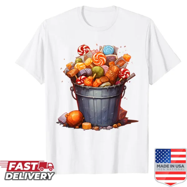 Whimsical Halloween shirt with candy bucket illustration