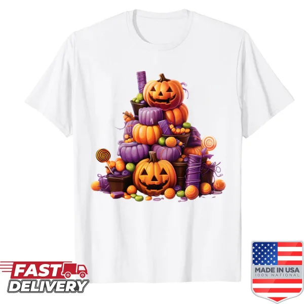 Funny Halloween shirt featuring candy pumpkins illustration