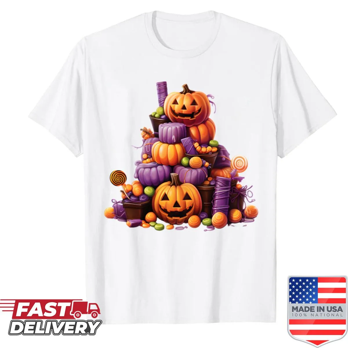 Funny Halloween shirt featuring candy pumpkins illustration