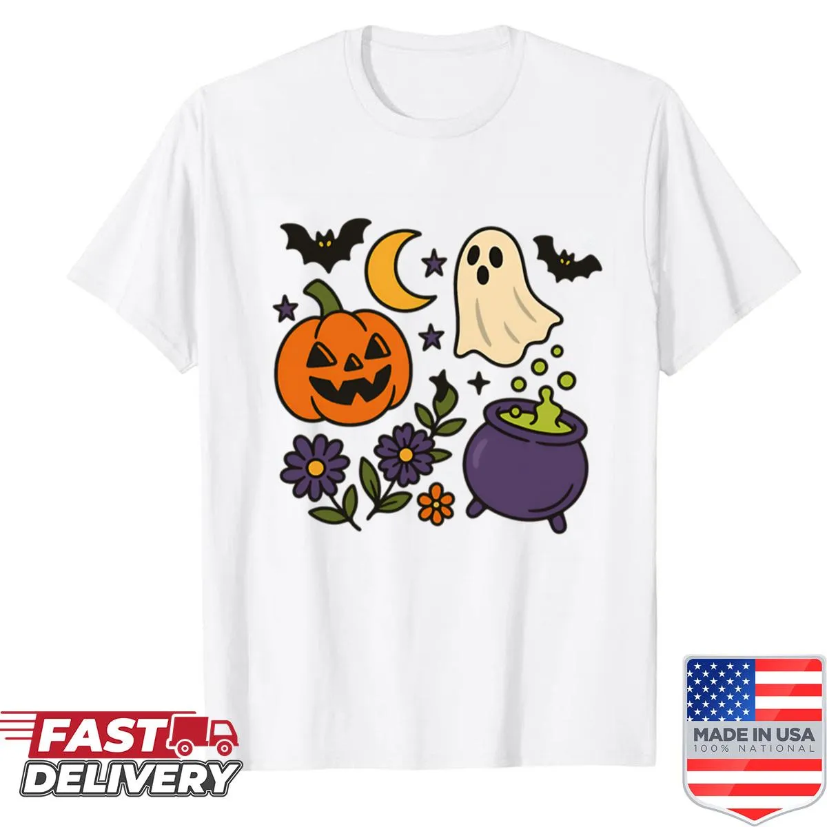 Cartoon design of pumpkin, ghost, bat, and cauldron on a Halloween shirt