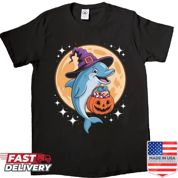 Dolphin wearing a witch hat with pumpkins in a fun Halloween design.