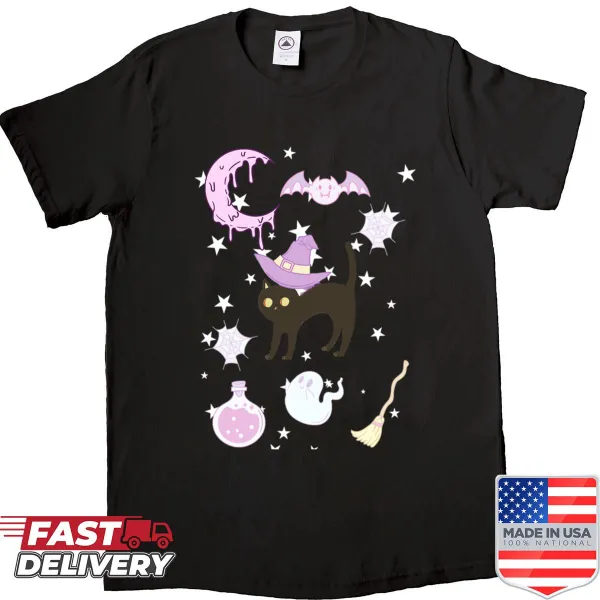 Oversized Halloween shirt featuring a magical black cat