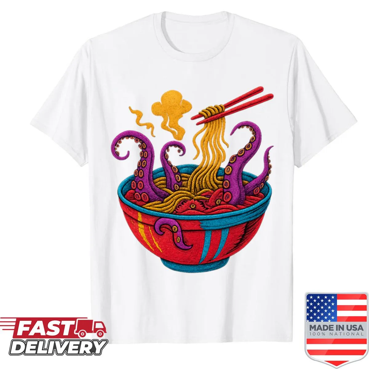 Playful monster ramen graphic on an oversized Halloween shirt
