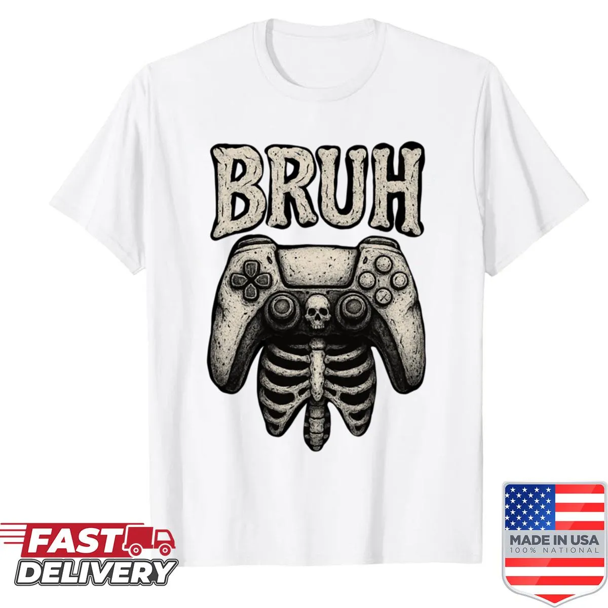 Funny T-shirt featuring a skeleton gamer for Halloween
