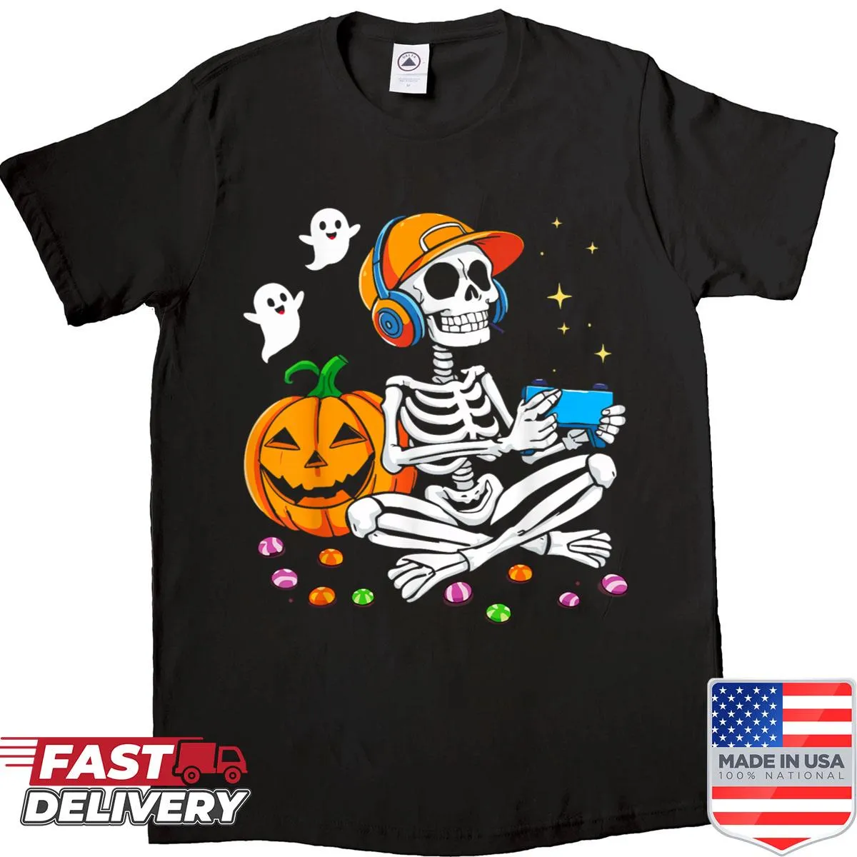 Skeleton gamer with video game controller on Halloween shirt