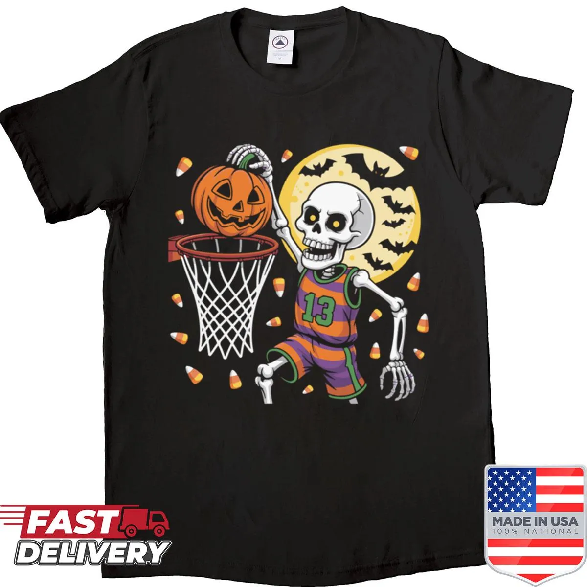 Halloween shirt with a skeleton dunking a pumpkin basketball