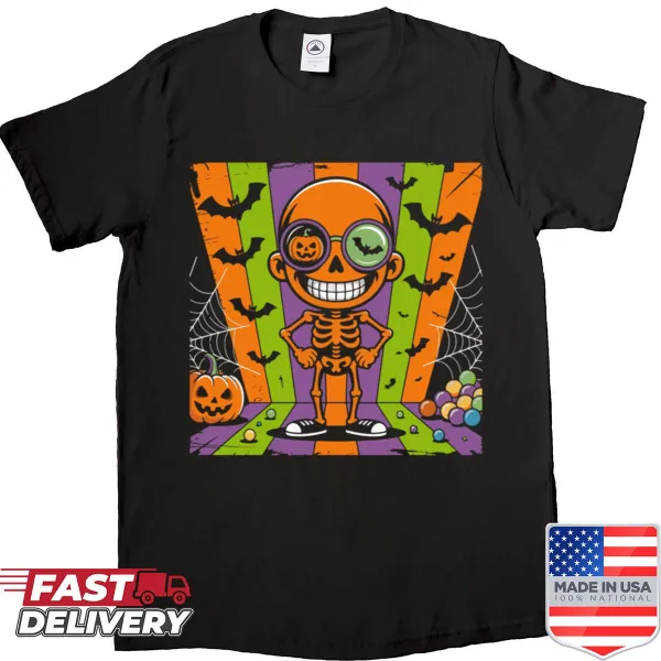 Halloween skeleton with pumpkin glasses and candy illustration