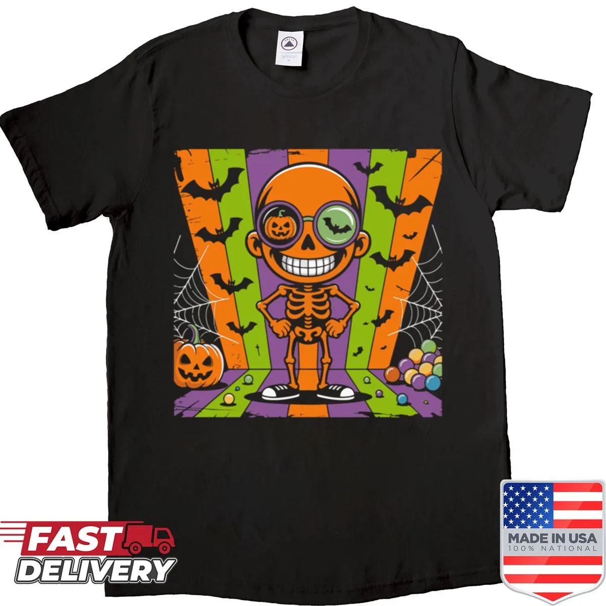 Halloween skeleton with pumpkin glasses and candy illustration