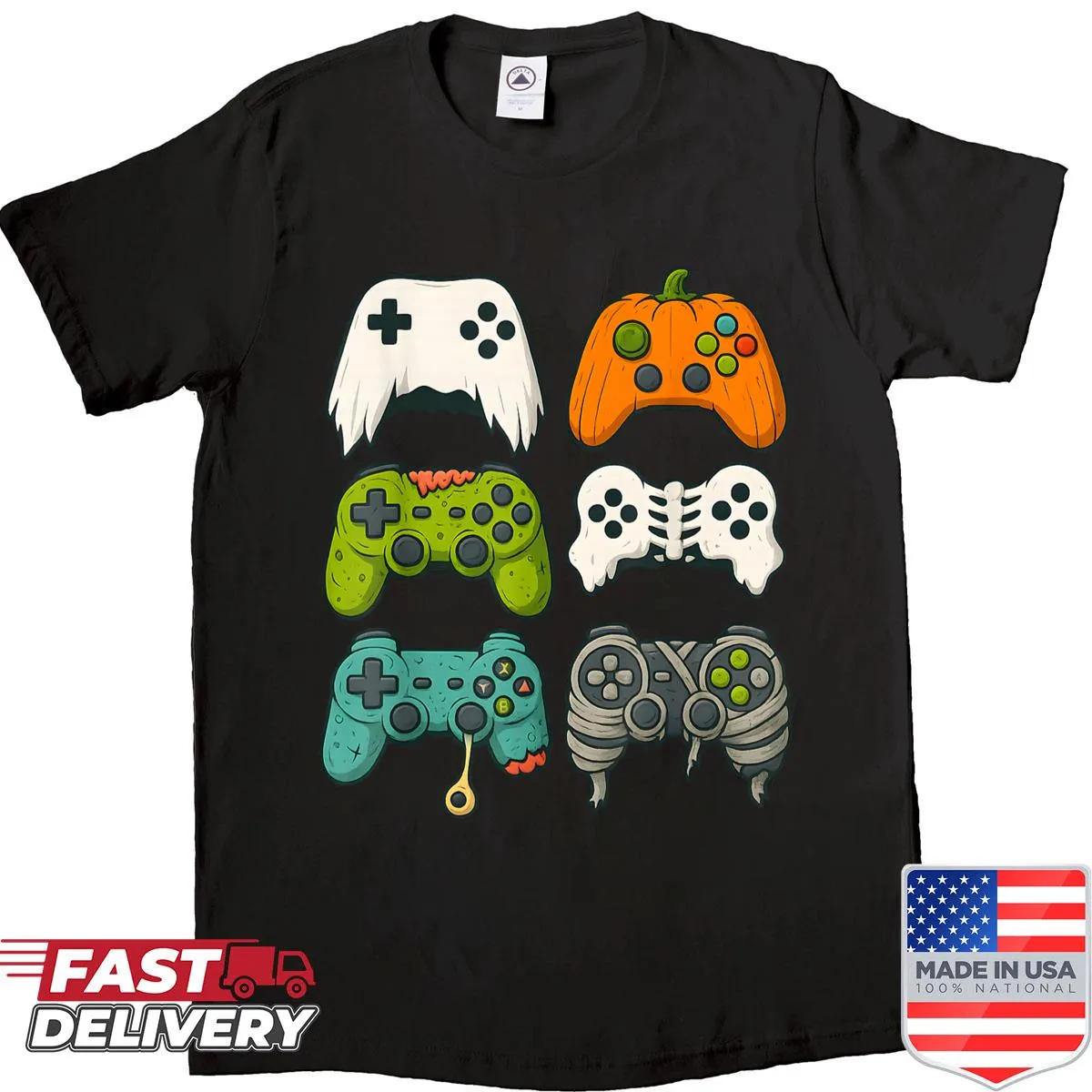 Cartoon-style shirt for kids featuring Halloween skeletons and zombies