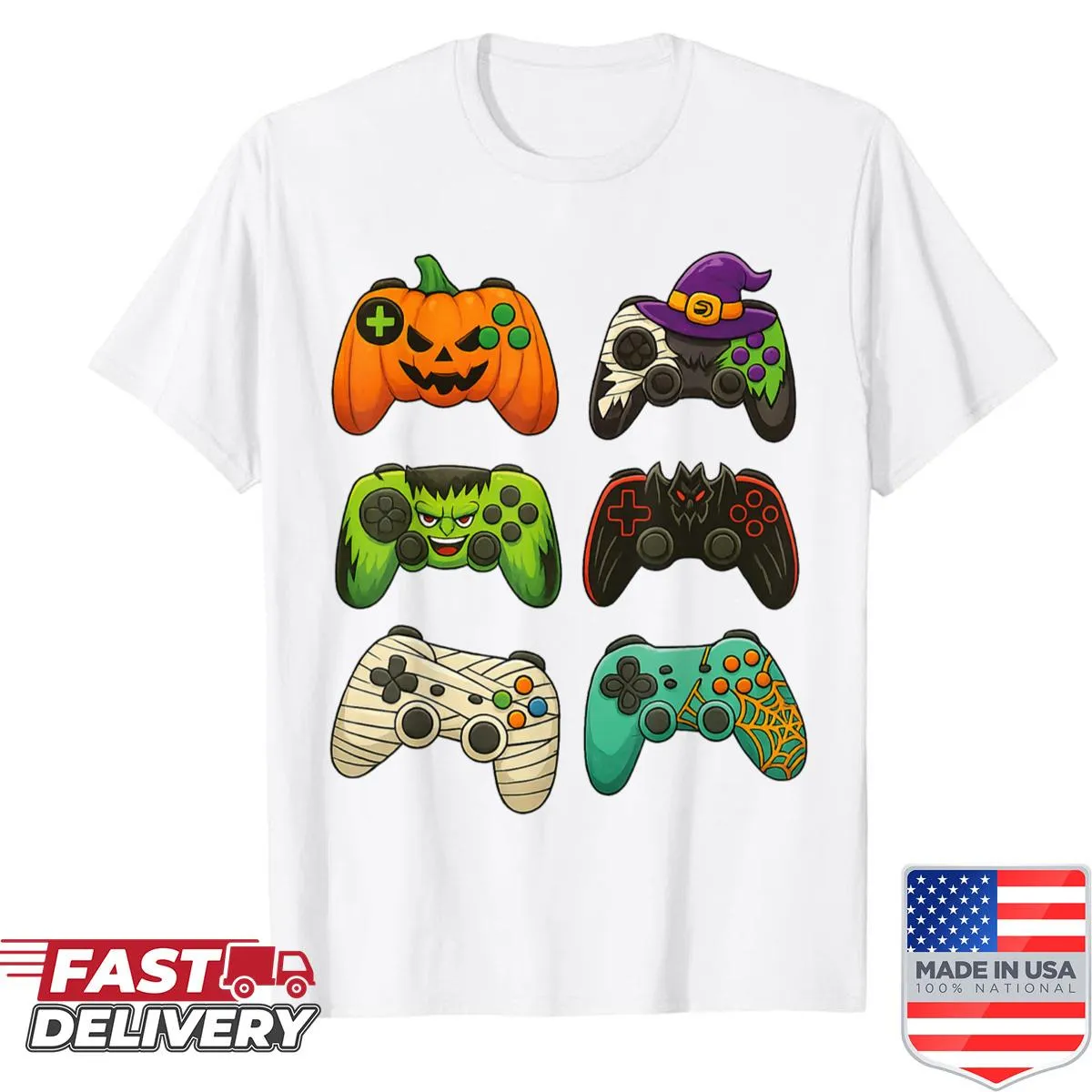 Skeleton and zombie graphics with gaming controllers for Halloween