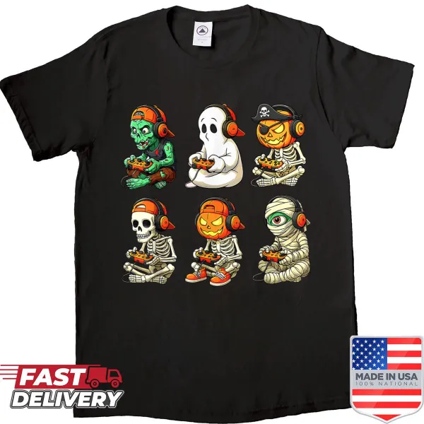 Gaming-themed Halloween shirt with skeletons, zombies, and mummies