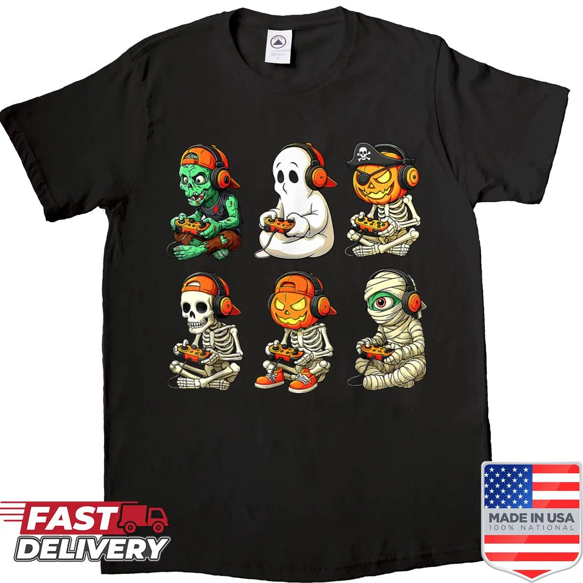 Gaming-themed Halloween shirt with skeletons, zombies, and mummies