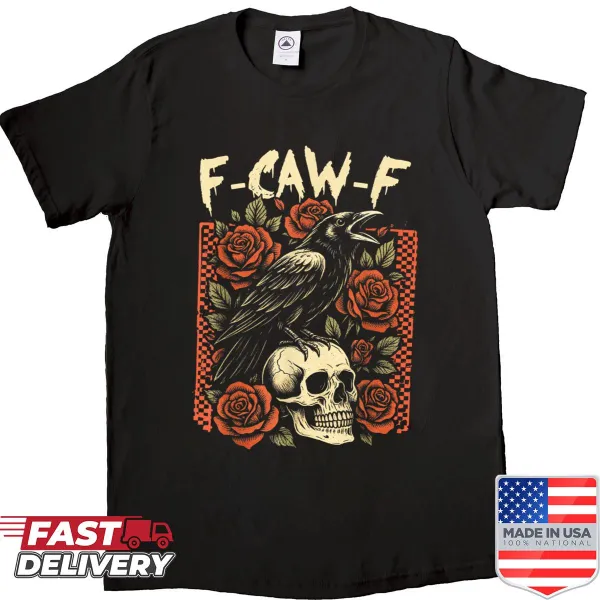 Raven and skull graphic with F-caw-f text for Halloween.