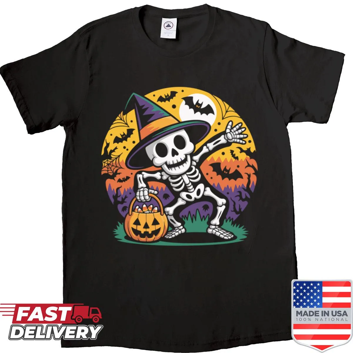 Halloween oversized T-shirt with dancing witch skeleton and pumpkin