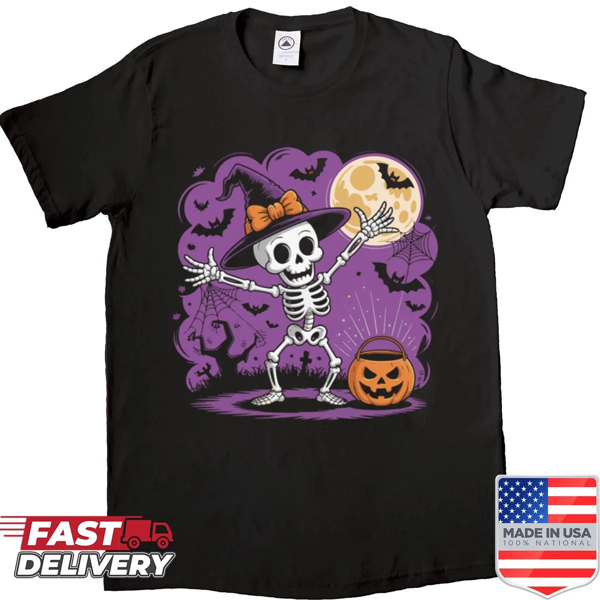 Witch skeleton with a pumpkin bucket against a full moon and purple shadows on a shirt.
