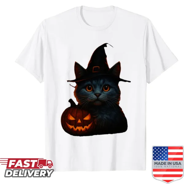 Halloween-themed T-shirt featuring a whimsical witchy cat design