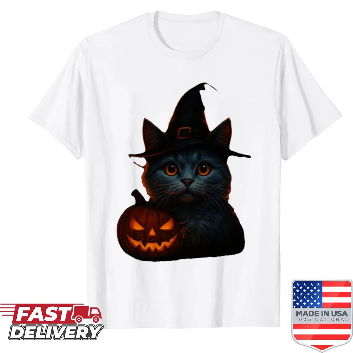 Halloween-themed T-shirt featuring a whimsical witchy cat design