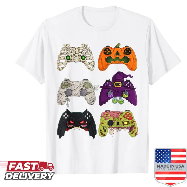 Zombie skeleton with gaming controllers design for kids' Halloween.