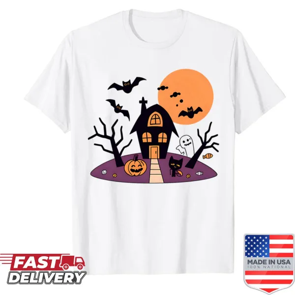 Hand-drawn haunted night design on oversized Halloween shirt