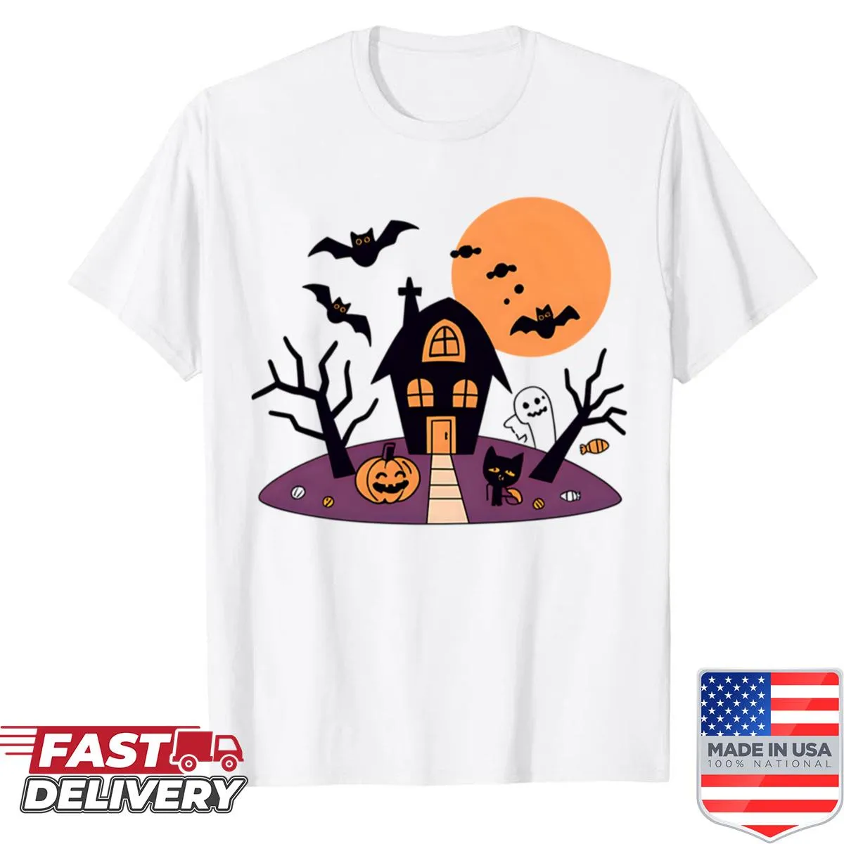 Hand-drawn haunted night design on oversized Halloween shirt