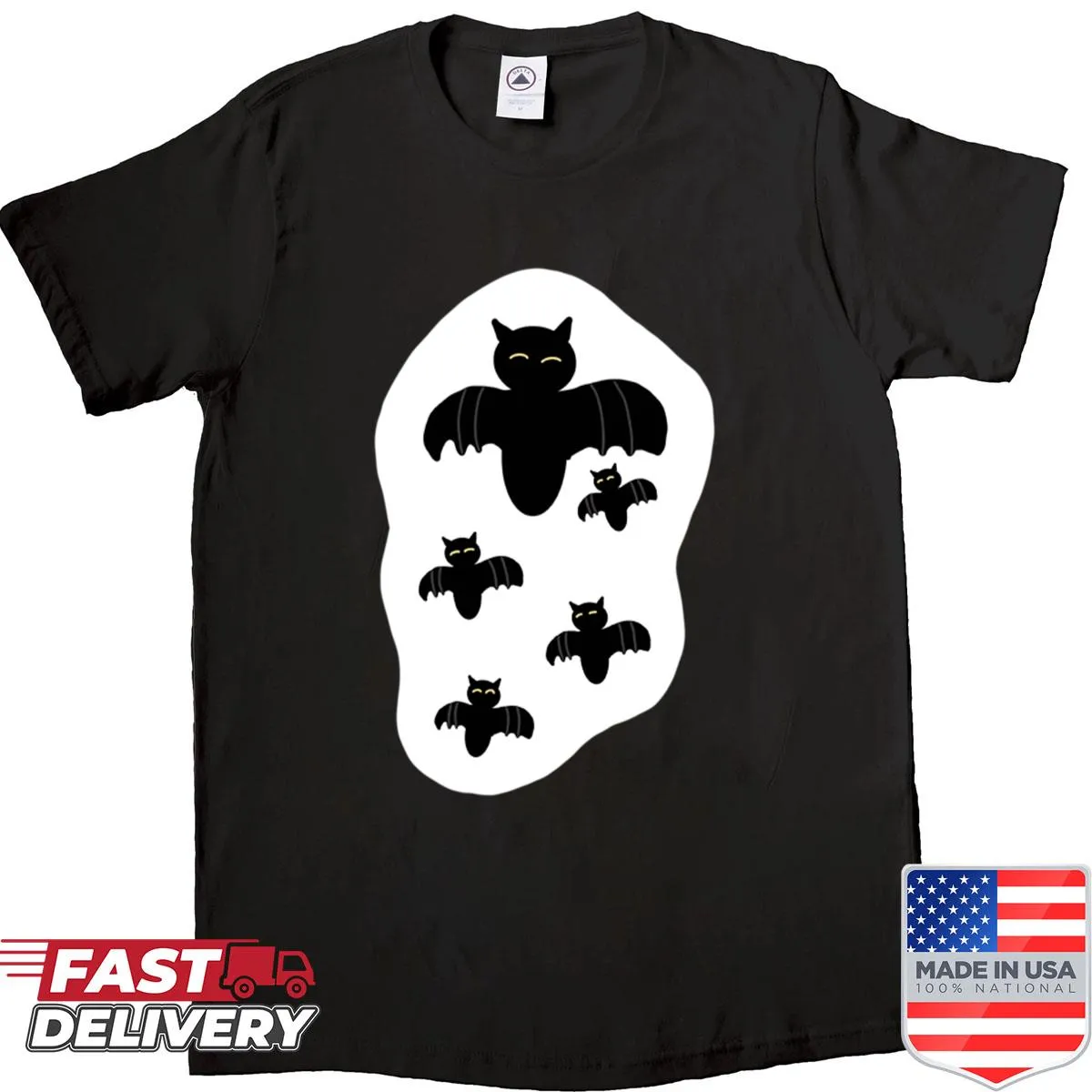 Cartoon design of playful bats on a t-shirt