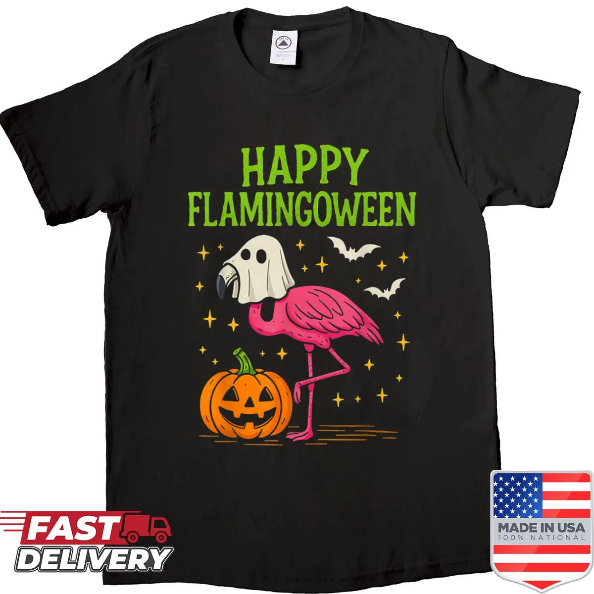 Fun flamingo witch graphic with pumpkins for Halloween.