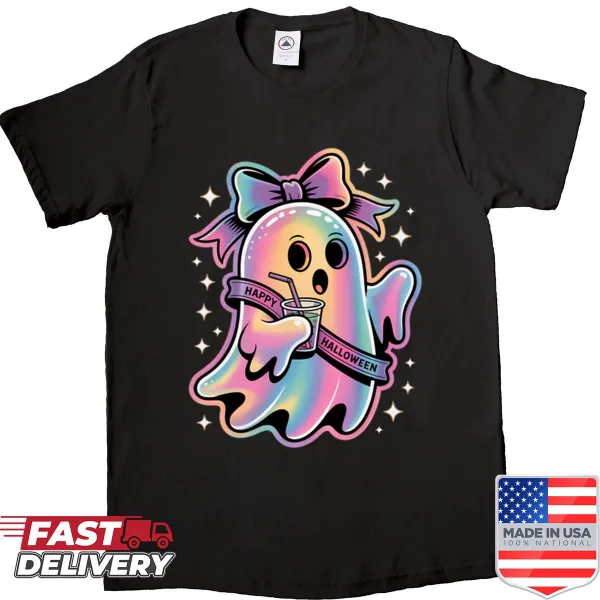 Friendly ghost illustration on a Happy Halloween shirt