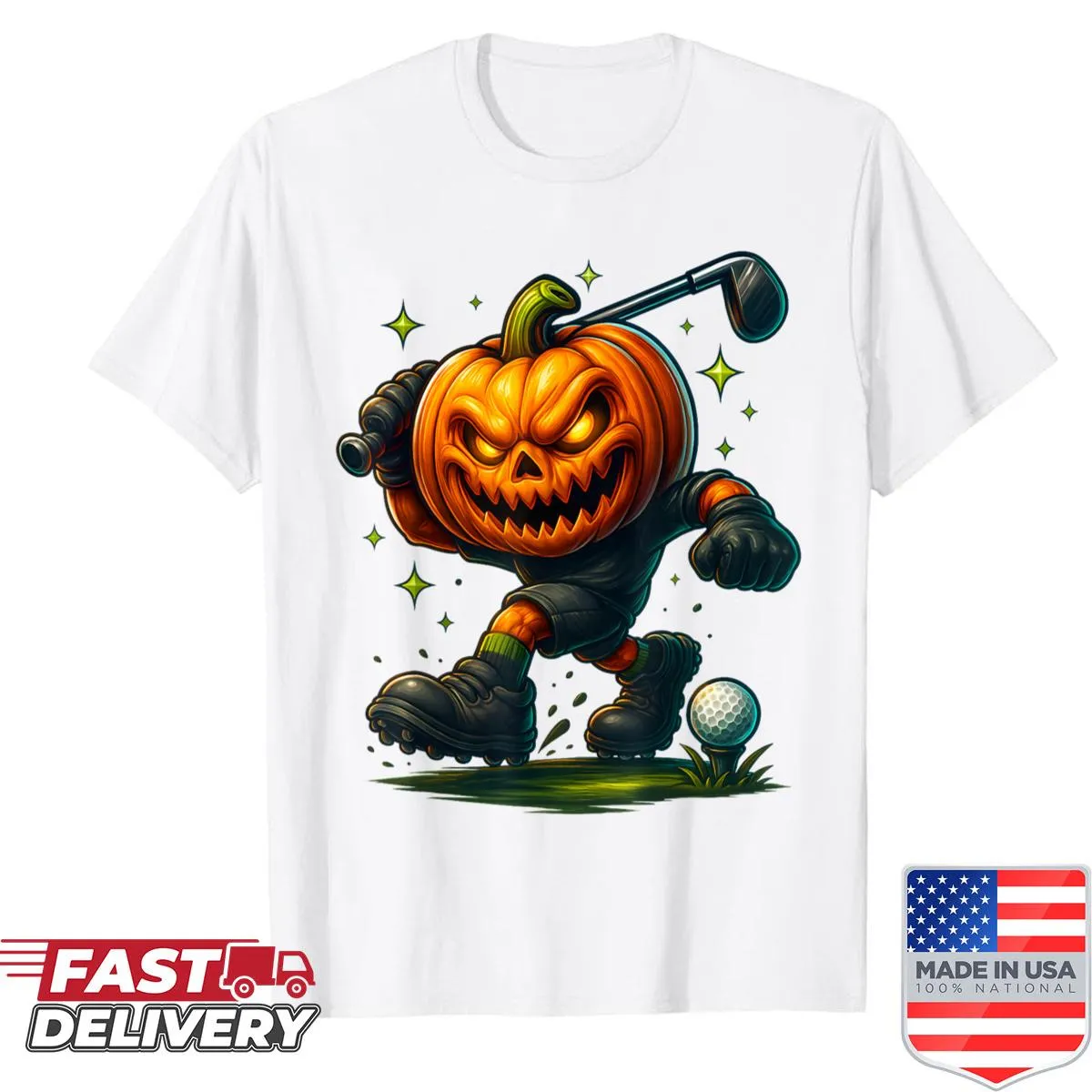 Cartoon pumpkin showing golfing skills on a Halloween T-shirt