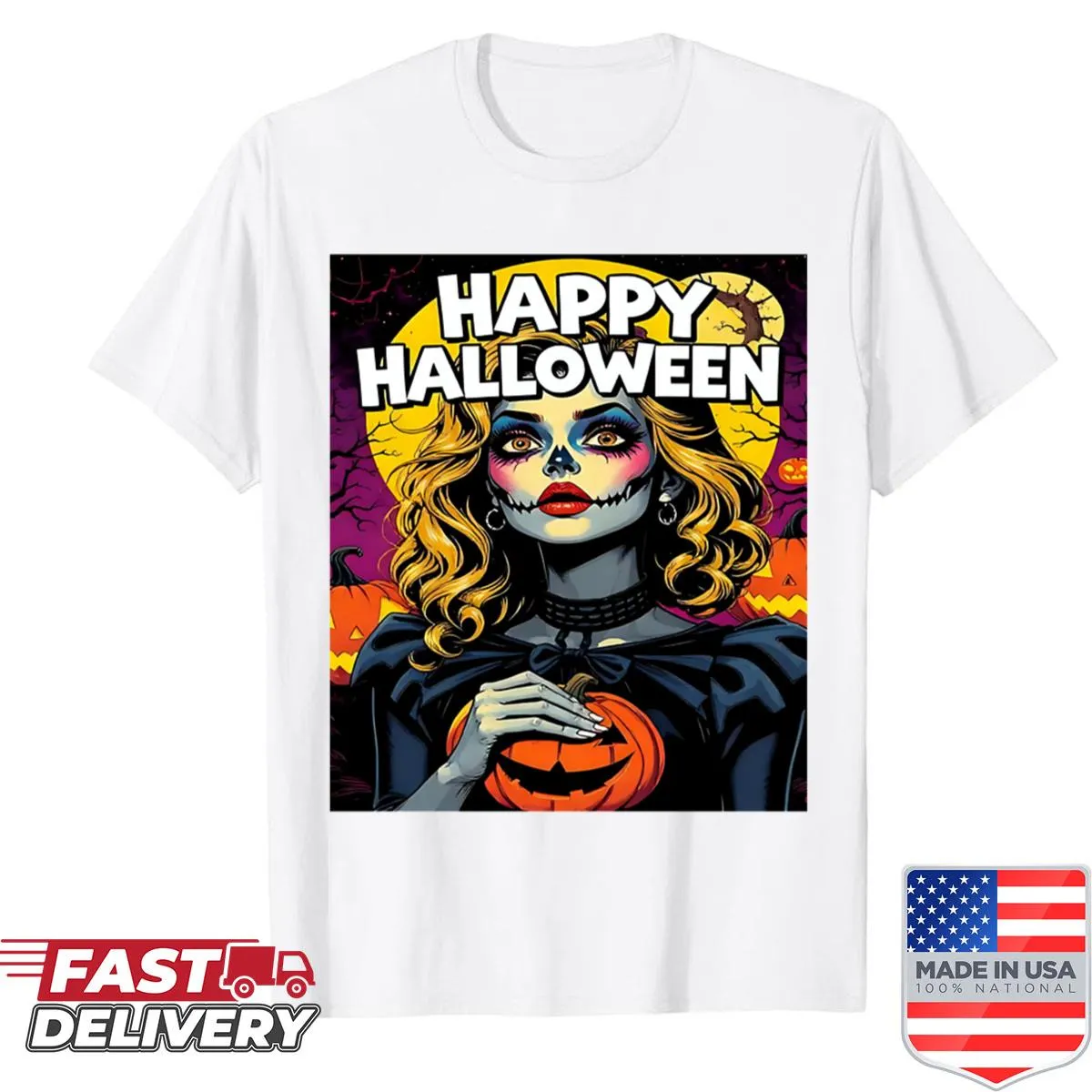 Cheerful Halloween-themed shirt with festive graphics.
