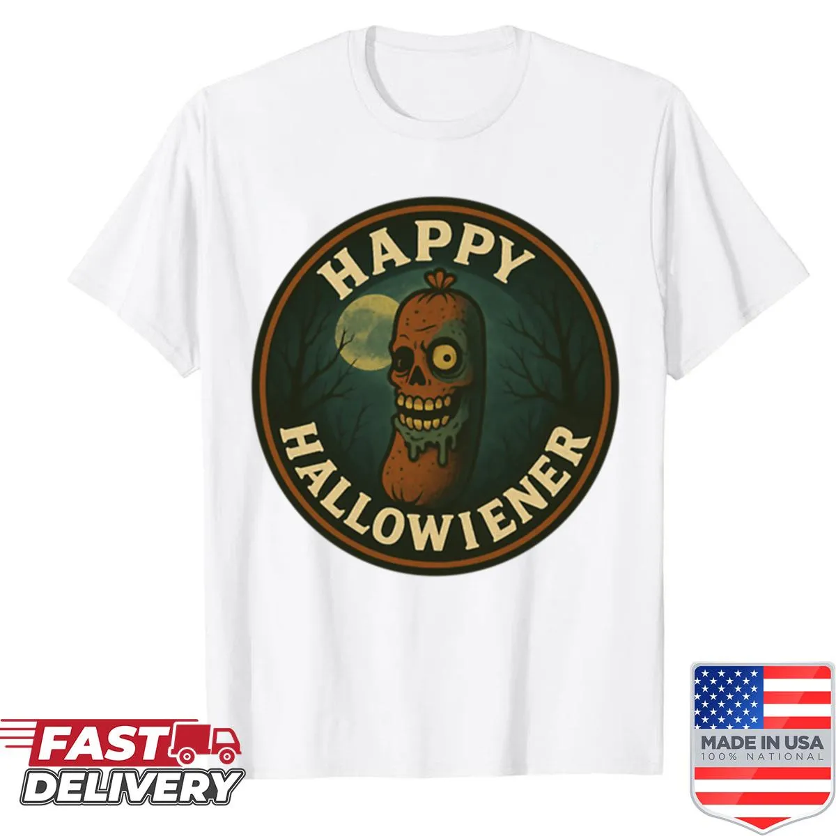 Playful oversized shirt with a cartoon zombie sausage character for Halloween
