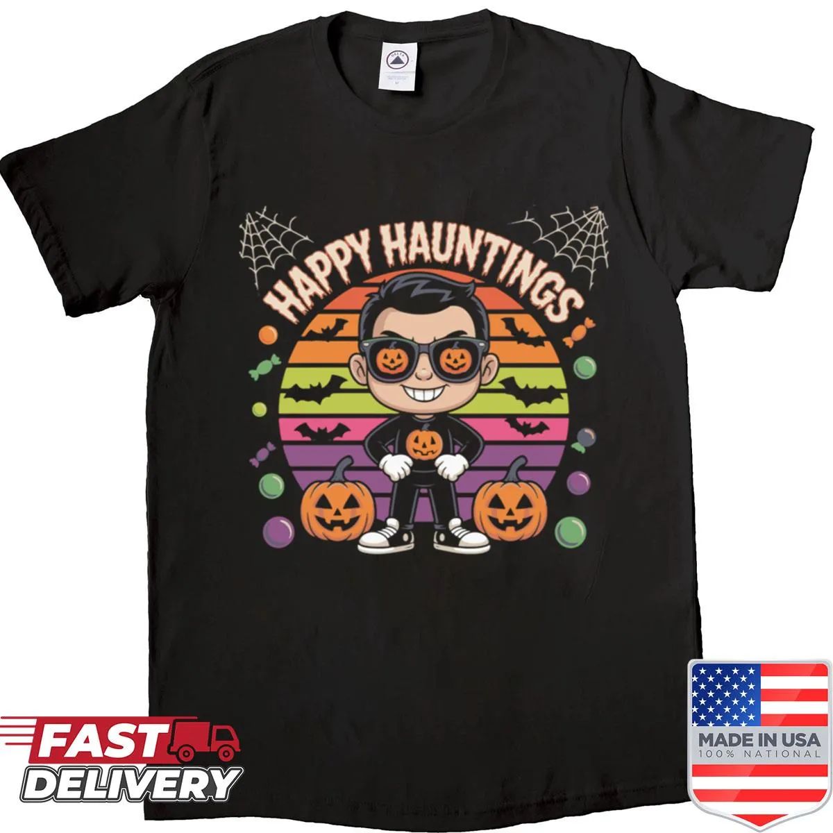 Cartoon design of a kid with pumpkins and candy against a retro sunset