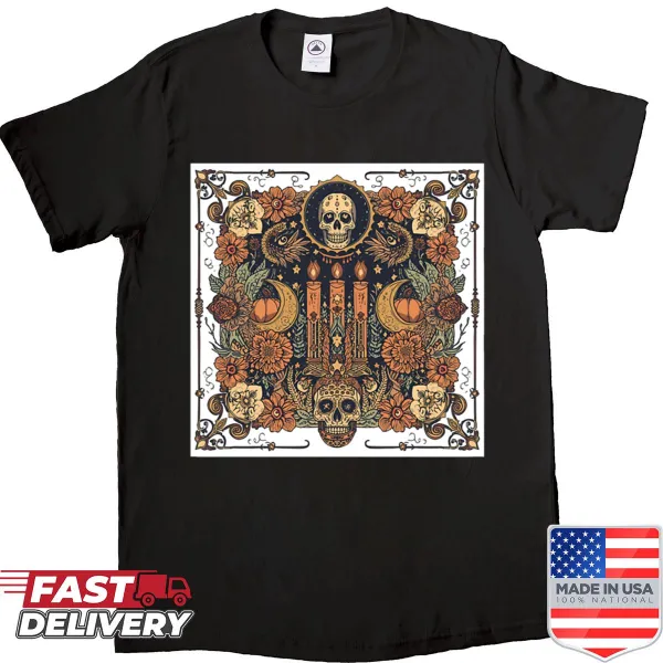 T-shirt with autumn motifs including harvest moons and floral patterns