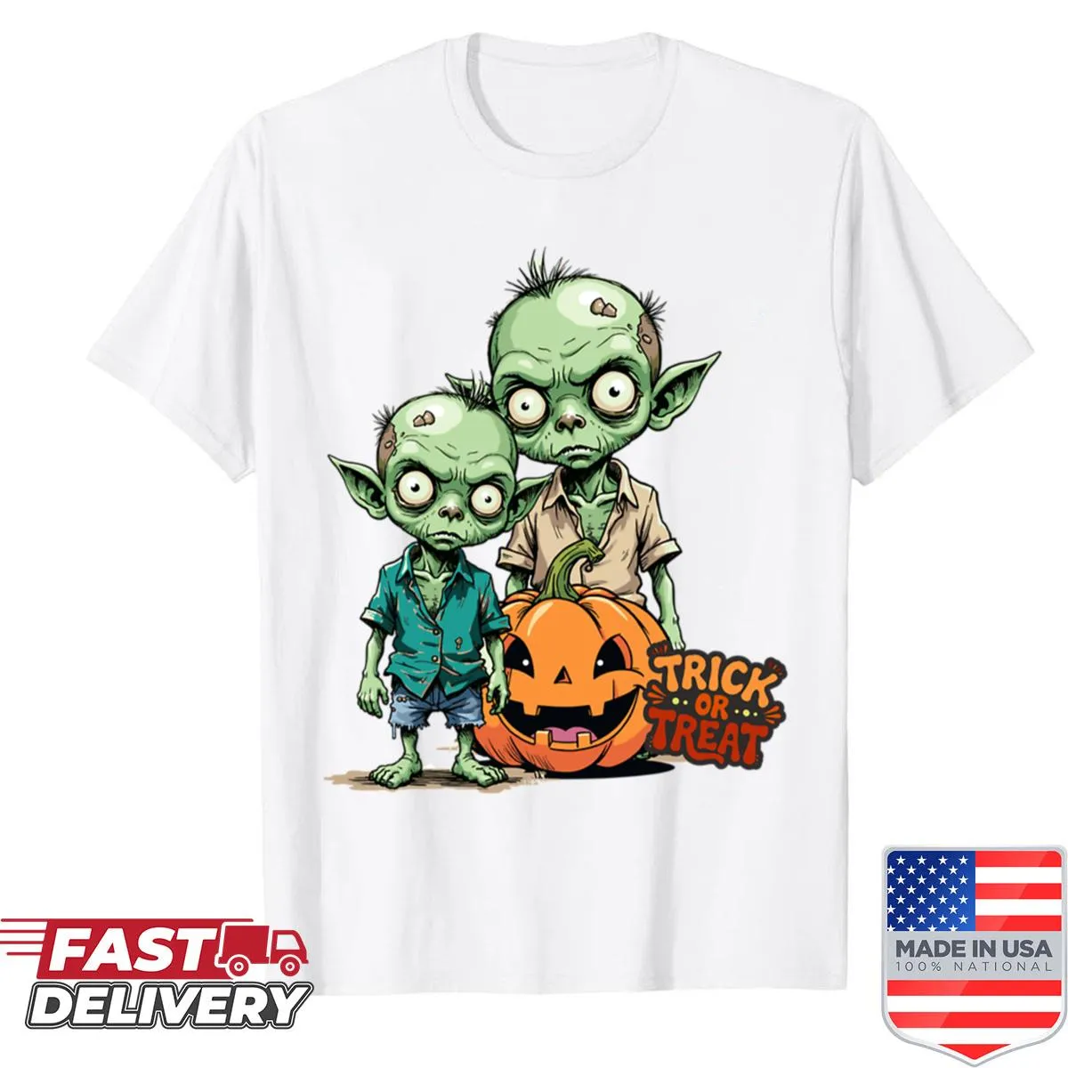 Cute Halloween T-shirt featuring zombies and pumpkins