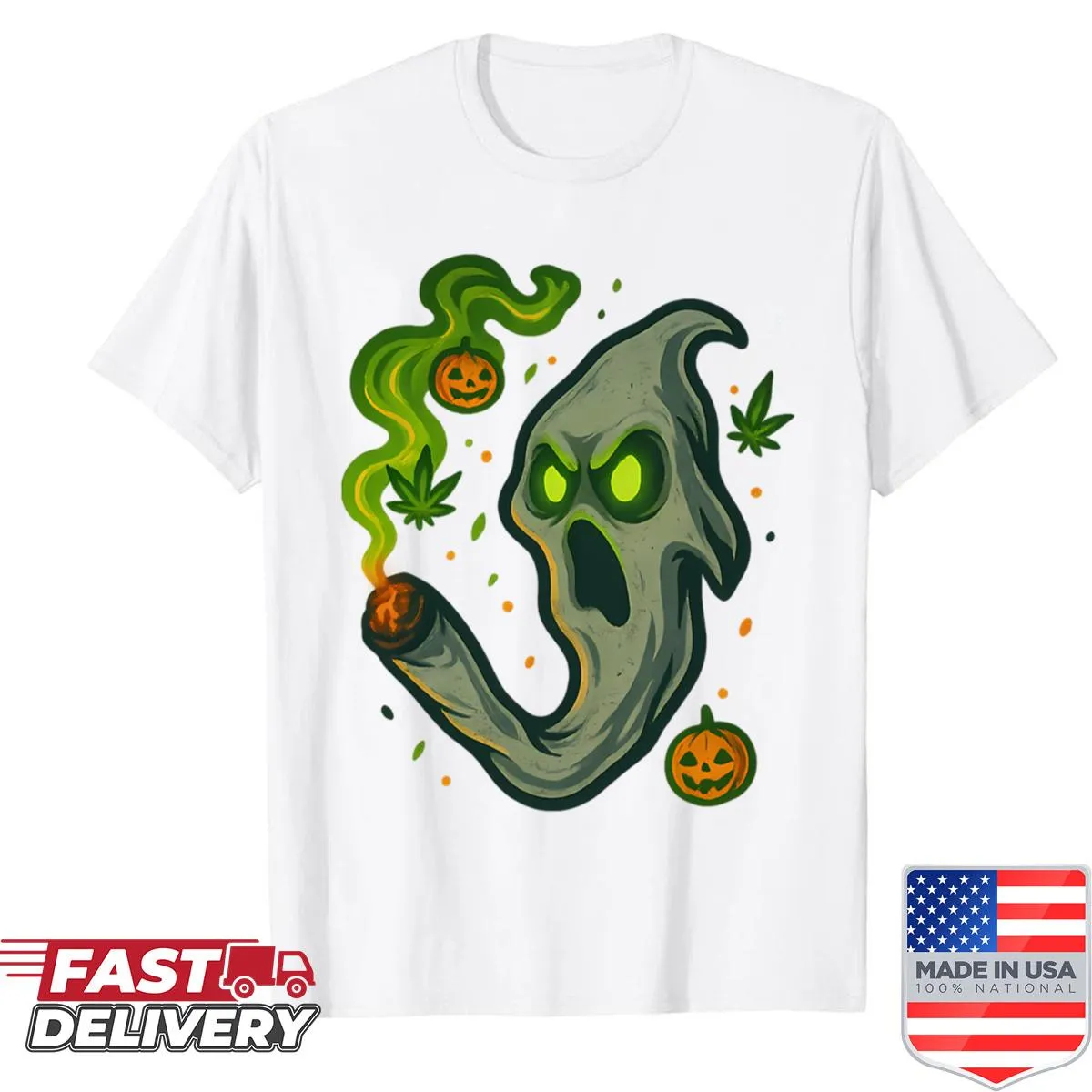Spooky ghost graphic on a Halloween-themed shirt
